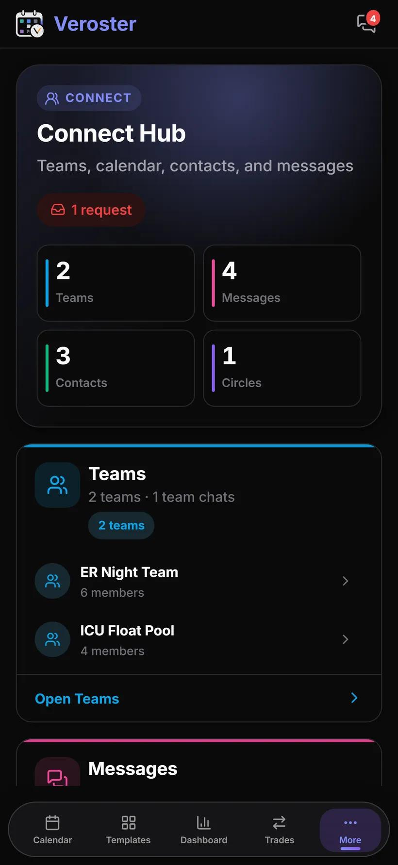 Veroster Connect Hub showing teams, messages, and contacts